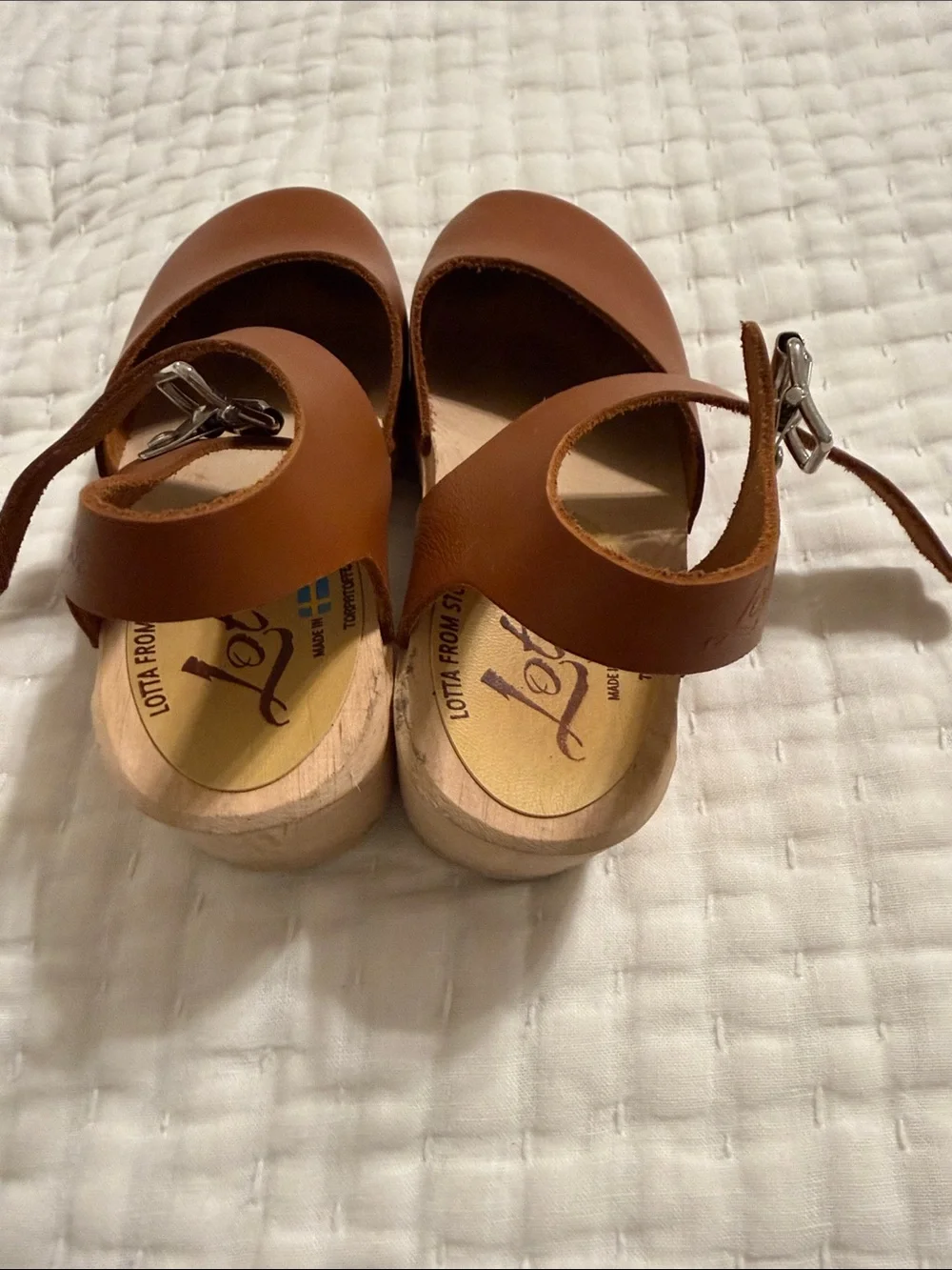 Swedish Hasbeens Chestnut Brown Leather Ankle-Strap Clogs